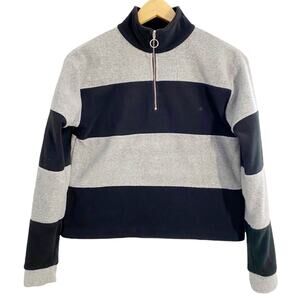 DIP Women’s Black & Gray Stripe 1/4 Zip Up Fleece Pullover, Size XS
